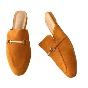 NEW Tan Suede Size 10.5 Gold Buckle Mules Loafers Brown Slip On Flats